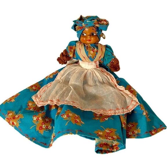 Vintage Hand Made Primitive Doll, Afro-Carribean Apron & Bandana W Gold Earrings - Picture 3 of 11